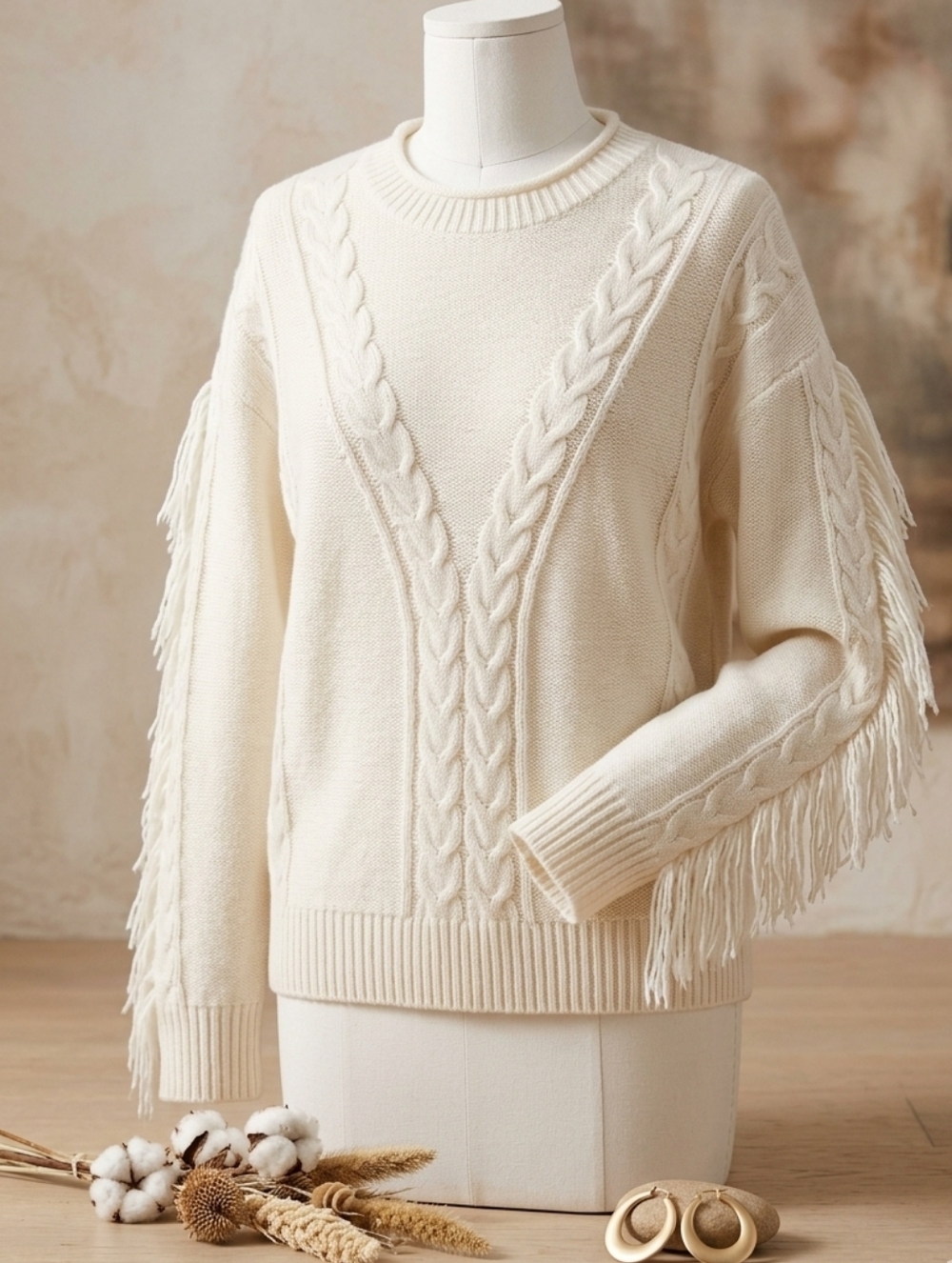 Paper Tee White Fringe Cable Knit Sweater Southwestern Sweatshirt Shirt Top